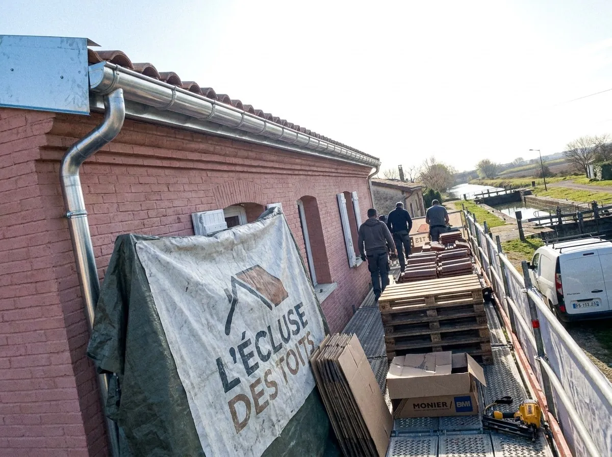 Chantier de L'Écluse des Toits à Castanet-Tolosan : bâche au nom de l'entreprise contre une maison en brique rose, gouttière neuve et palettes de tuiles, canal du Midi à droite
